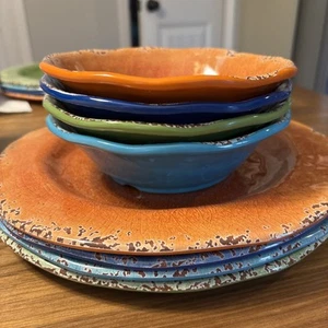 Pier 1 Imports Melamine Carmelo Crackle Aqua,green,blue,orange 4 bowls 4 plates - Picture 1 of 5