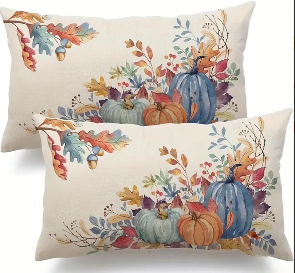 2pcs Rustic Autumn Pumpkin/Fall Leaves Pillow Covers-12x20in-Quality Linen Blend - Image 1 of 4