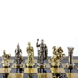 Greek Roman Period Metal Chess Set With 44cm Blue Wooden Chessboard Manopoulos - Picture 1 of 7