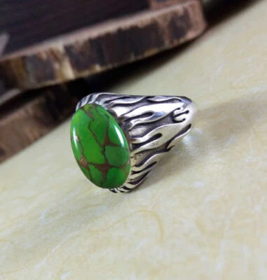 Solid 925 Sterling Fine Silver Natural Green Copper Turquoise Gemston Mens Ring - Image 1 of 4