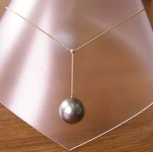 13.9mm!! TAHITI BLACK PEARL 100% UNTREATED+18 ct SOLID Y GOLD NECKLACE SLIDER - Picture 1 of 1
