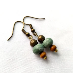 Antiqued Bronze Tone Green Bead Stick Drop Hook Earrings Handmade Boho Chic Mod - Picture 1 of 8