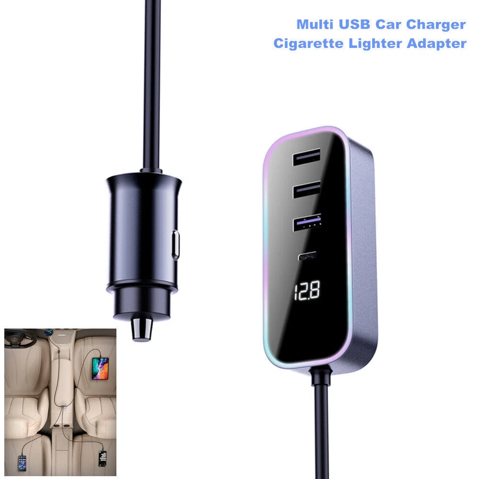 Adaptador de 5 puertos múltiples cargador de coche encendedor de cigarrillos USB carga rápida para asiento trasero Foto 1 de 4