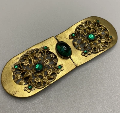 RARE 1930s Vintage Ben Meltzer NY Art Nouveau Green Glass Cabochon Belt Buckle - Image 1 of 4