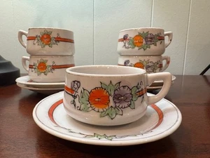 Set of 5 Vtg Flat Demitasse Cups Saucers MCM Hand-Painted Japan Floral Stoneware - Picture 1 of 9