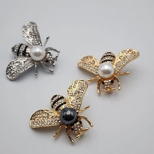 3 Bee Scatter Pins Pendants Gold Silver Tone Clear Black Rhinestones Faux Pearl - Picture 1 of 9
