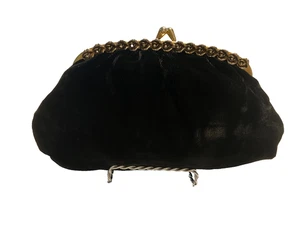 Black Velvet Clutch w/Gold Kiss-lock - Rhinestone and Tea Rose Embellishing - Picture 1 of 5