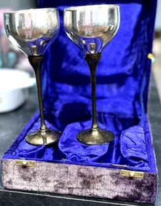 Vintage 8" Silver Brass Stem Goblet Chalice Wine Mead Drinking Glass Boxed Pair - Picture 1 of 11
