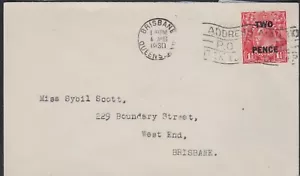 1930 KGV Australia TWO PENCE Black Surcharge Red Postal Cover MAIL Slogan - Picture 1 of 2
