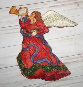 Christmas Vintage 3D Handmade Embroidered 11" Trumpeting Angel Tree Topper - Picture 1 of 4