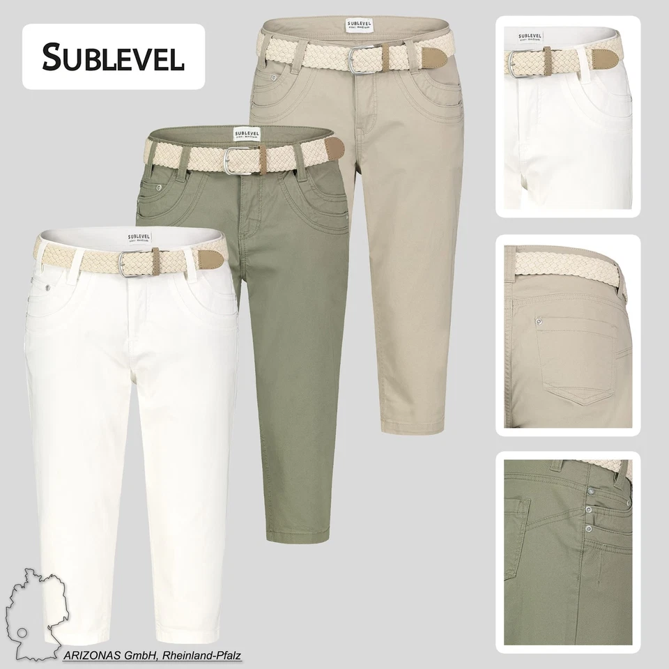 Sublevel Damen Twill Chino Shorts Capri Hose mit FlechtgürtelBitte bestätigen  - Immagine 1 di 1
