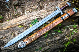 Custom Handmade Real Damascus Steel Sword With Engraved Scabbard Double Edged - Picture 1 of 6