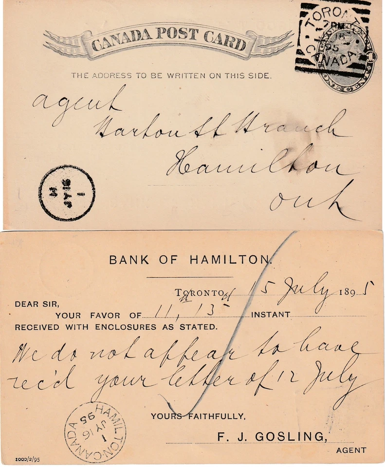 Canada TORONTO Squared Circle QV 1c PC BANK OF HAMILTON Stationery 1895 - Image 1 of 1