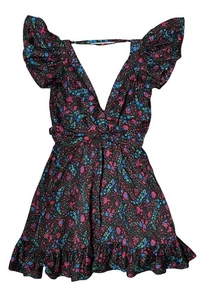 232 $ Anthropologie Sabina Musayev S schwarzes Minikleid Blumenmuster rückenfrei Rüschen rosa - Bild 1 von 7