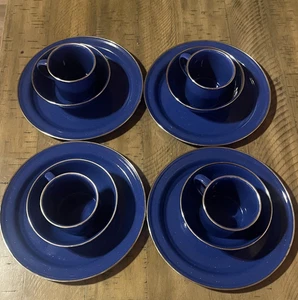 Enamelware Blue Speckled 12 piece Camping Dish Set for 4 W/Carrying bag READ - Picture 1 of 13