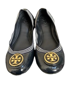 Tory Burch Caroline 2 Navy Patent Leather Elastic Trim Ballet Flats 7.5 - Picture 1 of 8