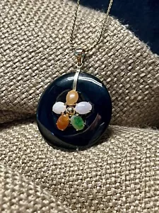 Black Stone With Multicolored Jade Necklace w/ 18 inch Chain Included. China Bi - Picture 1 of 10
