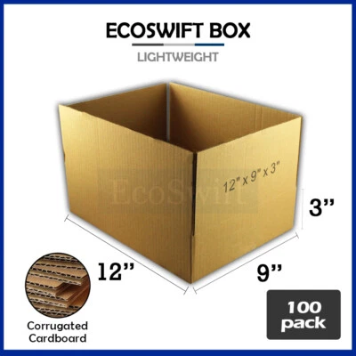 100 12x9x3 EcoSwift Cardboard Packing Moving Shipping Boxes Corrugated Box - Image 1 of 4