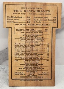 Menú de madera vintage Tip's Restaurant Newhall Ranch Van Nuys Santa Monica - Imagen 1 de 4