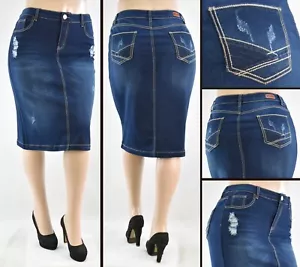 Neu 27" Damenrock Stretch-Denim ohne Schlitz Bleistift dunkle Waschung #WG-77807 - Bild 1 von 1