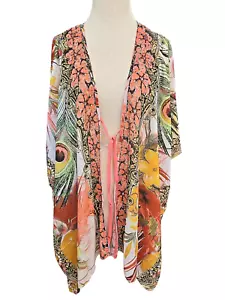 Womens Kimono One Size Coral Mint Green Beach Tie Cover Up Tropical Palm New - Picture 1 of 14