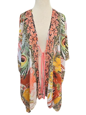 Womens Kimono One Size Coral Mint Green Beach Tie Cover Up Tropical Palm New - Image 1 of 4