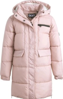 DKNY Niñas Chaqueta de Invierno Elegante Burbuja Puffer Parka Abrigo con Capucha Borde de Piel Foto 1 de 4