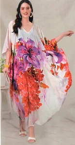 Maxi vestido caftán blanco pluma seda estampado indio para mujer - Imagen 1 de 3