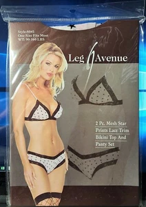 Leg Avenue Style 8041 White/Black 2 Pc Mesh Star Prints Lace Trim Bikini Top & P - Picture 1 of 2