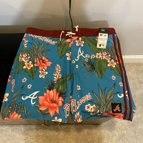 NWT New Atlanta Braves Hurley 47 Phantom Blue Floral Swim Shorts 34 Free Ship Cover