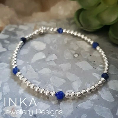 Pulsera apiladora de cuentas de lapislázuli inca 925 y cuentas de lapislázuli de 4 mm con amuleto inca Foto 1 de 4