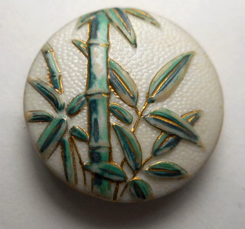 Vintage Toshikane Arita Porcelain Button White Green & Gold Detailed Bamboo 3/4" Cover
