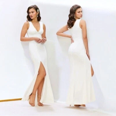 🌻NUEVO Vestido The Population Sandra Off White Crepe Hendidura Vestido Talla Mediana Foto 1 de 4