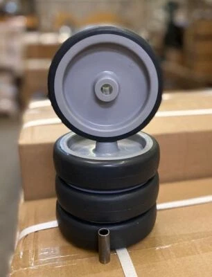 QED CASTORS 125mm Non-mark synthetic grey rubber tyre wheels x 4. 12mm hole Axle tube to 8m