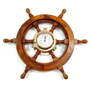 Deluxe Class Wood and Brass Ship Wheel Clock 12" - Nautical Rustic Vintage Home - Picture 1 of 3
