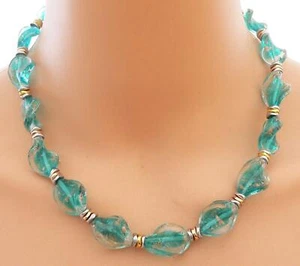 Halskette Glas Perlen Lampwork Twist Murano Art Petrol Hämatit Silber Gold 444v - Bild 1 von 8
