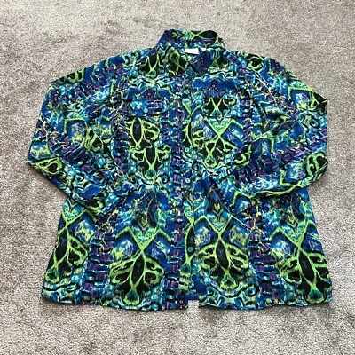 Kim Rogers Blouse Button Up Shirt Womens 1X Blue Green Pockets Long Sleeve Top - Image 1 of 4