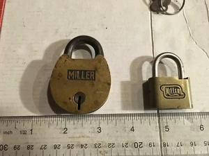 2 - Vintage Brass MILLER Padlock, 1 pancake lock NO key, 1 small square w/key - Picture 1 of 7