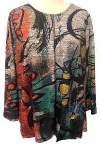 Ali Miles Tunic Top Womens XL Blue Gray Red Artsy Shirt Lagenlook - Picture 1 of 11