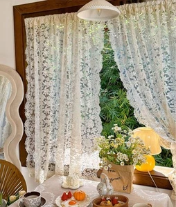 2 Stück Französische Vorhänge Spitze Gaze für Wohnzimmer Creme Retro Wellenkante Schlafzimmer... - Bild 1 von 5