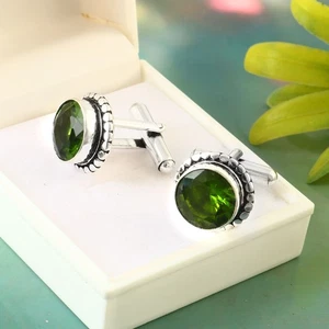 925 Sterling Silve Rose Cut Green Peridot Gemstone Handmade Jewelry Cufflinks - Picture 1 of 3