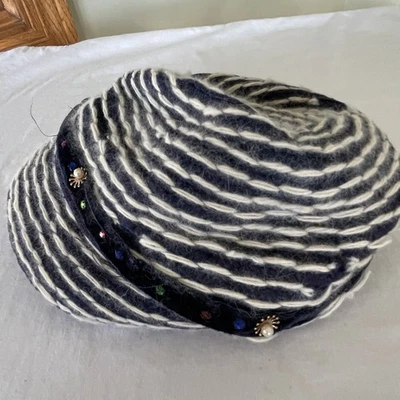 Vintage Genuine Angora Striped Cloche Hat Rhinestone Pearl Embellished Lined - Image 1 of 4