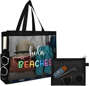 Large Beach Summer Bag with Pouch - Lightweight & Sandproof Mesh Tote - 4 Color - Picture 1 of 15