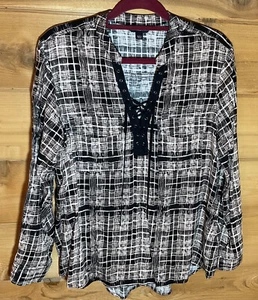 Rock Republic Plaid Black Beige Lace Up Neckline Blouse Sz L - Picture 1 of 6