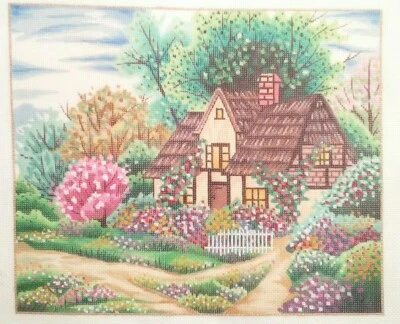 PRINCELY needlepoint HP canvas THATCHED COTTAGE roses floral fence 13m 14.5x12" - Image 1 of 4