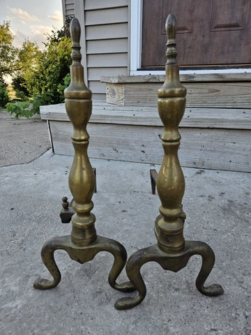 Vintage Brass Andirons Cast Iron Estate Sale Cover