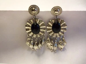 Southwestern Style Silver Dangle Earrings W Black Oval Stones Butterfly Clasps - Picture 1 of 5