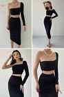 Women Bodycon Shoulder Navel Crop Top High Waist Skirt 2-piece Set -BLACK ONLY