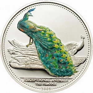 Palau 2009 Green Peacock 5 Dollars Silver Coin,Proof - Picture 1 of 2