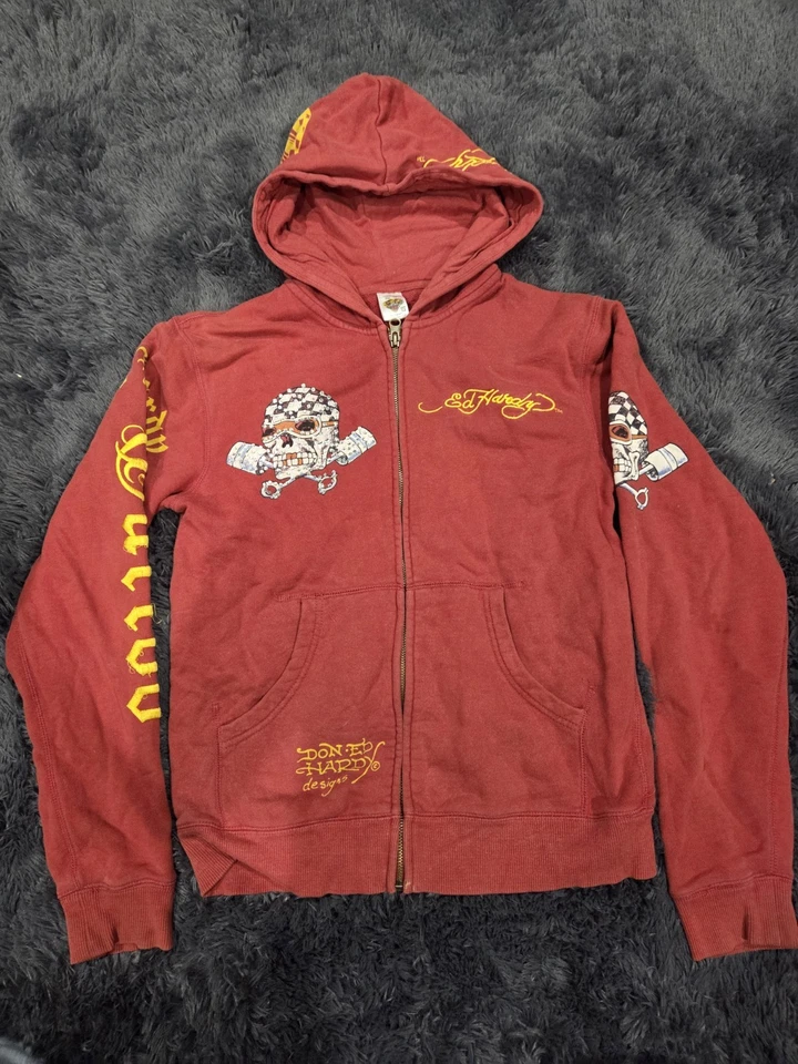 Y2k Ed Hardy Sudadera con Capucha Cremallera Completa Niños Talla 12 Parches Bordados Foto 1 de 4